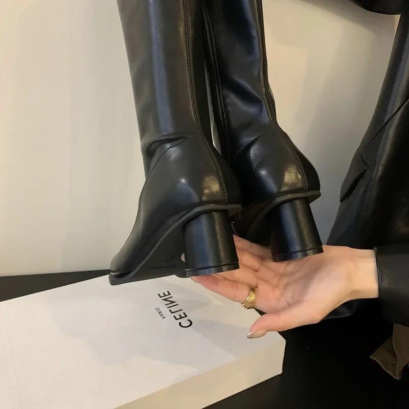Fashion Pointed Toe Chunky Low Heel Boots Women Winter 2024 Sexy Cozy Soft Leather Knee-high Zipper Design High Boots for Women