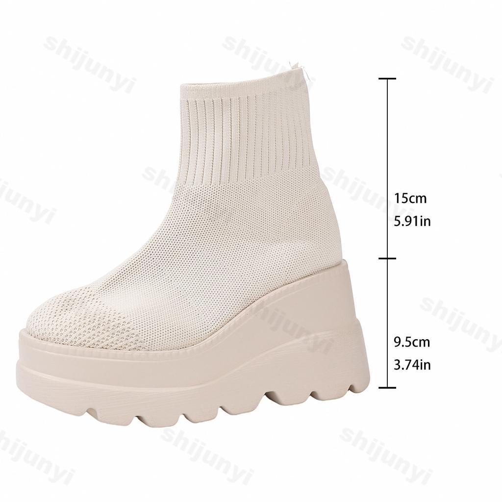 Mesh Breathable Wedge Heel Short Sock Boots for Women , Autumn New Fashion Versatile Comfortable Non Slip Chunky Ankle Boots
