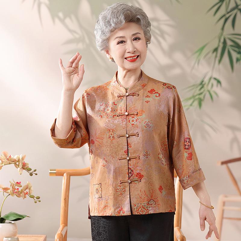 New Grandma Style: Chinese Spring/Summer Three-Quarter Sleeve Shirt for Middle-Aged & Elderly Women