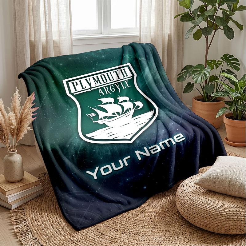 Coperta Flanella con Testo Nome Personalizzato Plymouth Argyle FC Logo Calcio Plaid Pile Personalizzato Regalo Speciale per Divano Camera da Letto Casa