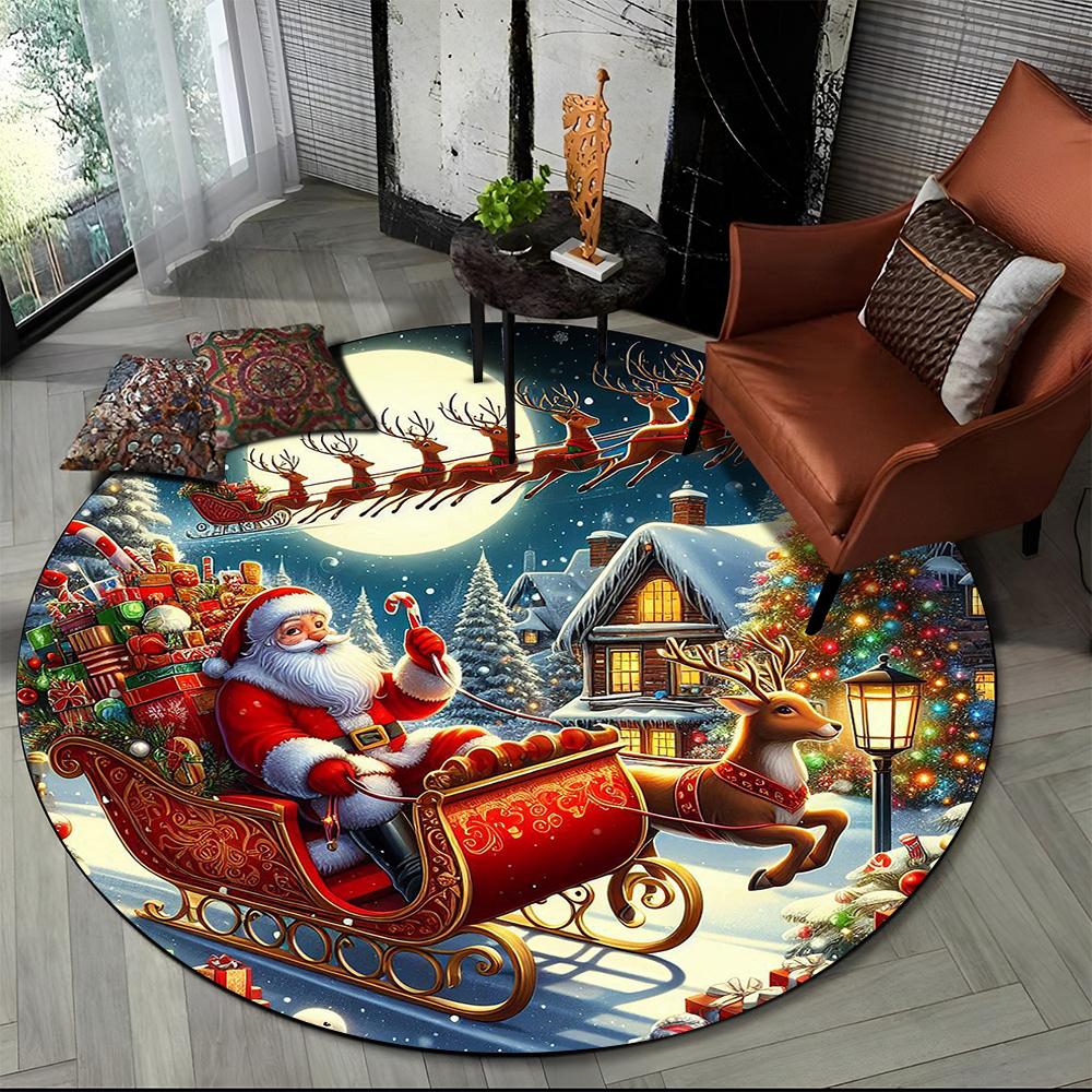 Merry Christmas Cartoon Santa Claus Snowman New Year Round Carpet Rug for Bedroom Living Room Sofa Decoration,Decor Floor Mat