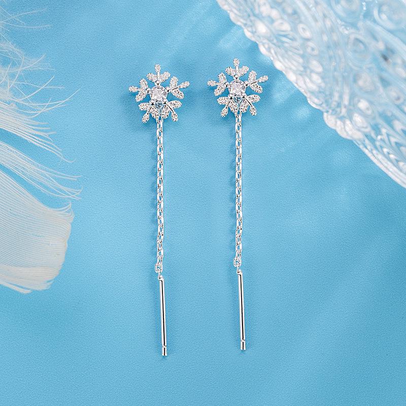 Korean Style Zircon Snowflake Long Tassel Earrings