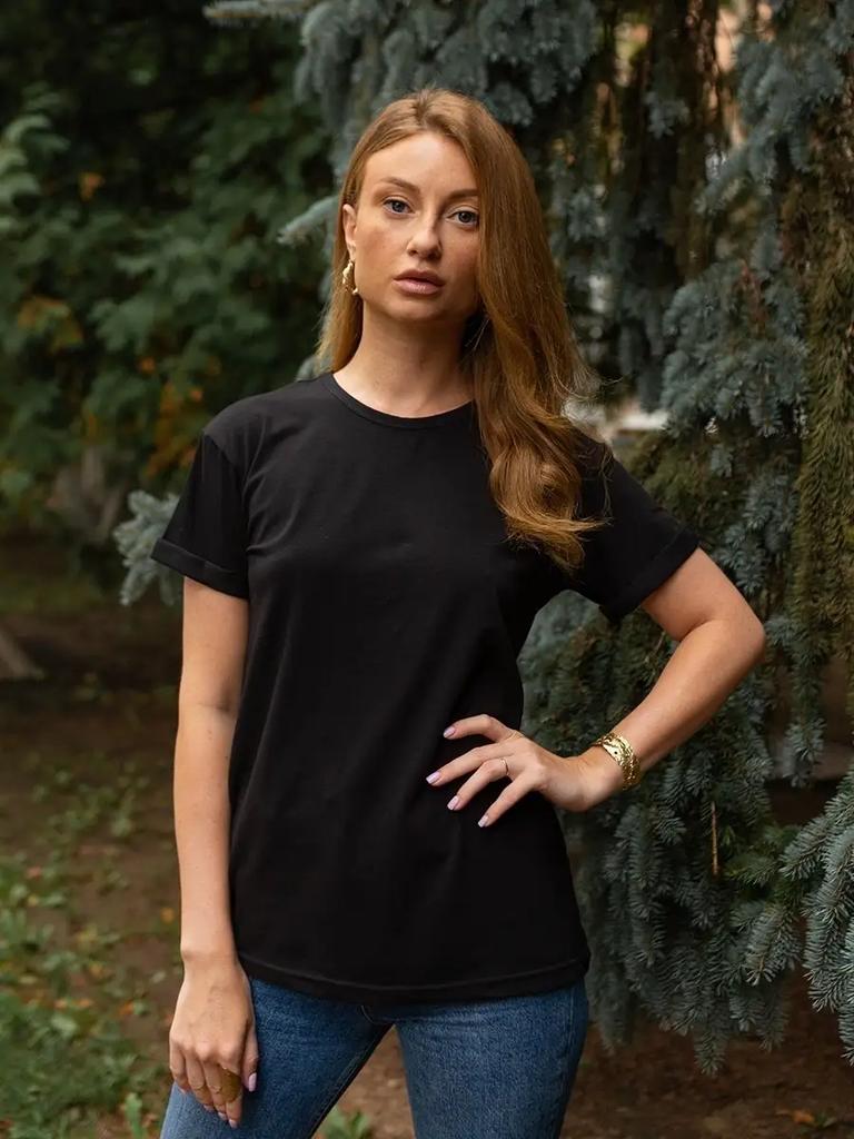 Women's T-shirt Black Plain Cotton Basic Loose