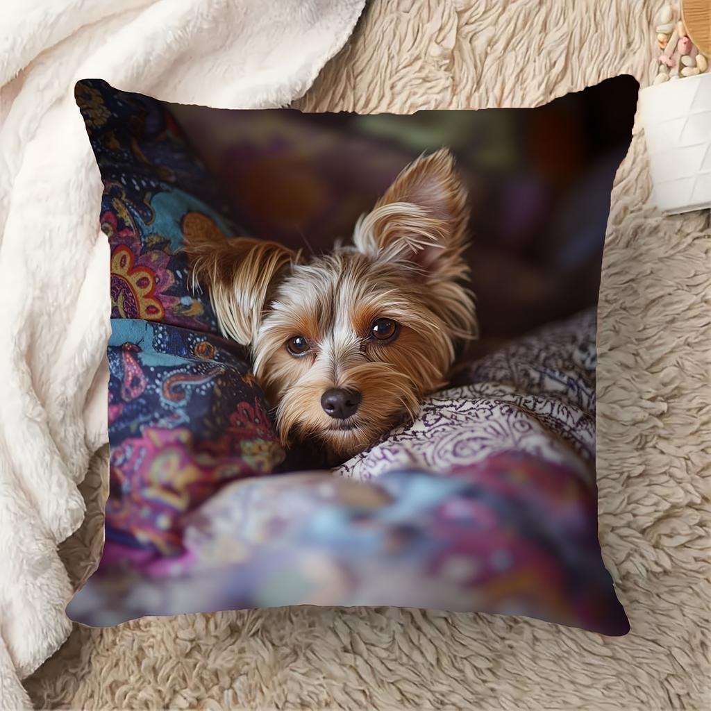 1pc Pillow Cover, Bohemian Style Yorkshire Terrier Bed Decorative Pillow Cover, 45.72x45.72 cm, Short Plush with Zipper Closure - Soft and Smooth Touc