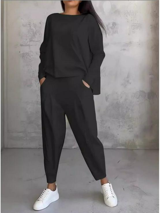 Women's 2025 Two-Piece: Solid Color, Casual Slim Fit, Long Sleeve, Round Neck