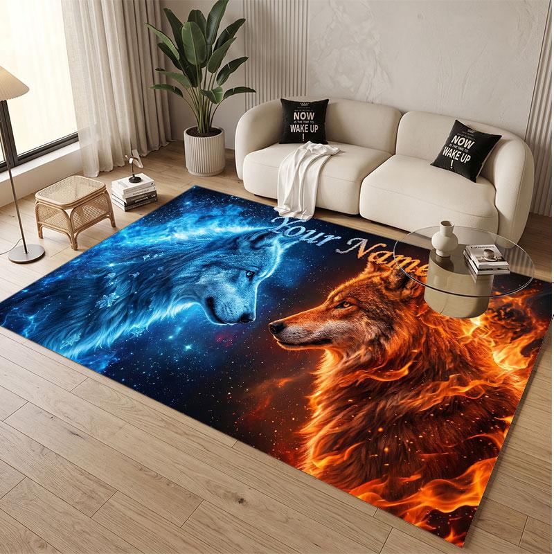 Wolf Theme Soft Crystal Velvet Rug Custom Name & Text Print Non Slip Floor Rug for Bedroom Living Room