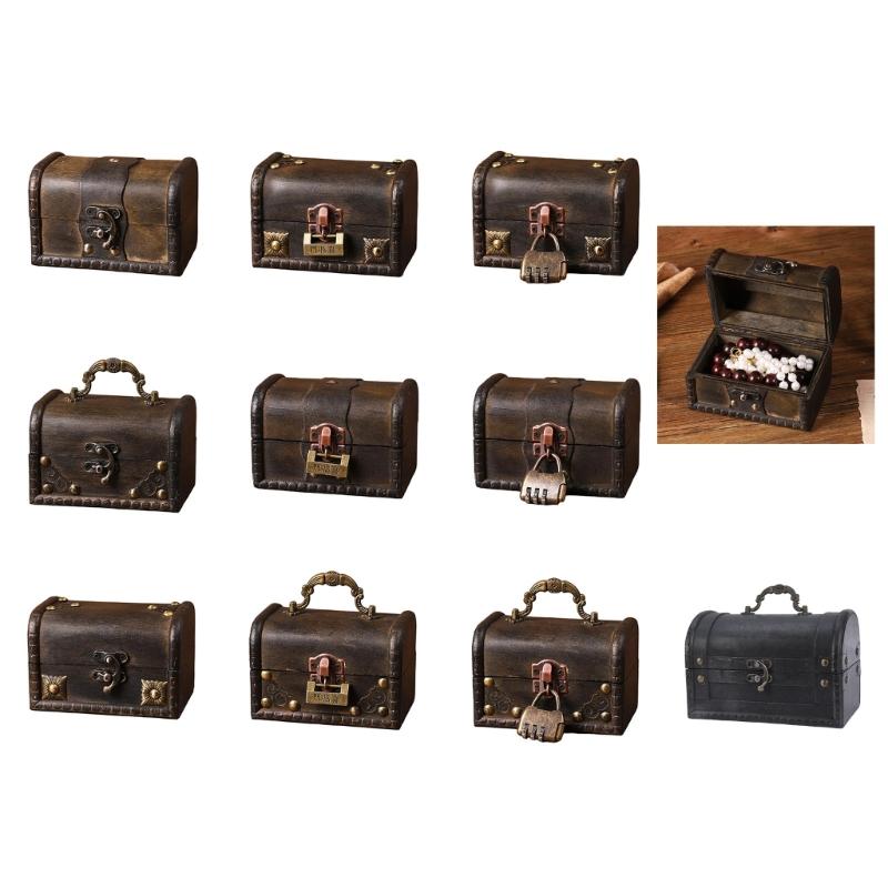 Vintage Wooden Treasure Chests Lockable Jewelry Storage Box Antique Style Decorative Organizers for Home Bedroom Decors