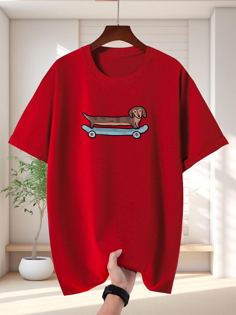 Unisex Dark Grey Tee Lovely Dachshund Skateboard Cartoon Print Crew Neck Short Sleeve Summer Casual Male Cotton Street Daily Top