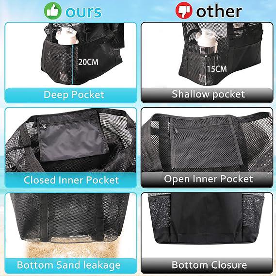 Mesh Beach Bag with 8 Pockets - Large Capacity Travel & Toy Storage Bag