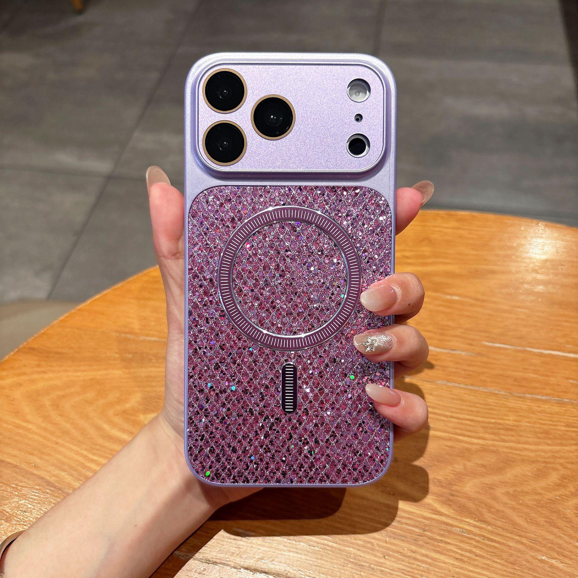 Apple 17 Pro Max Glitter Magnetic Case for iPhone 16 & 15 with Plaid Texture iPhone 16 Pro Max