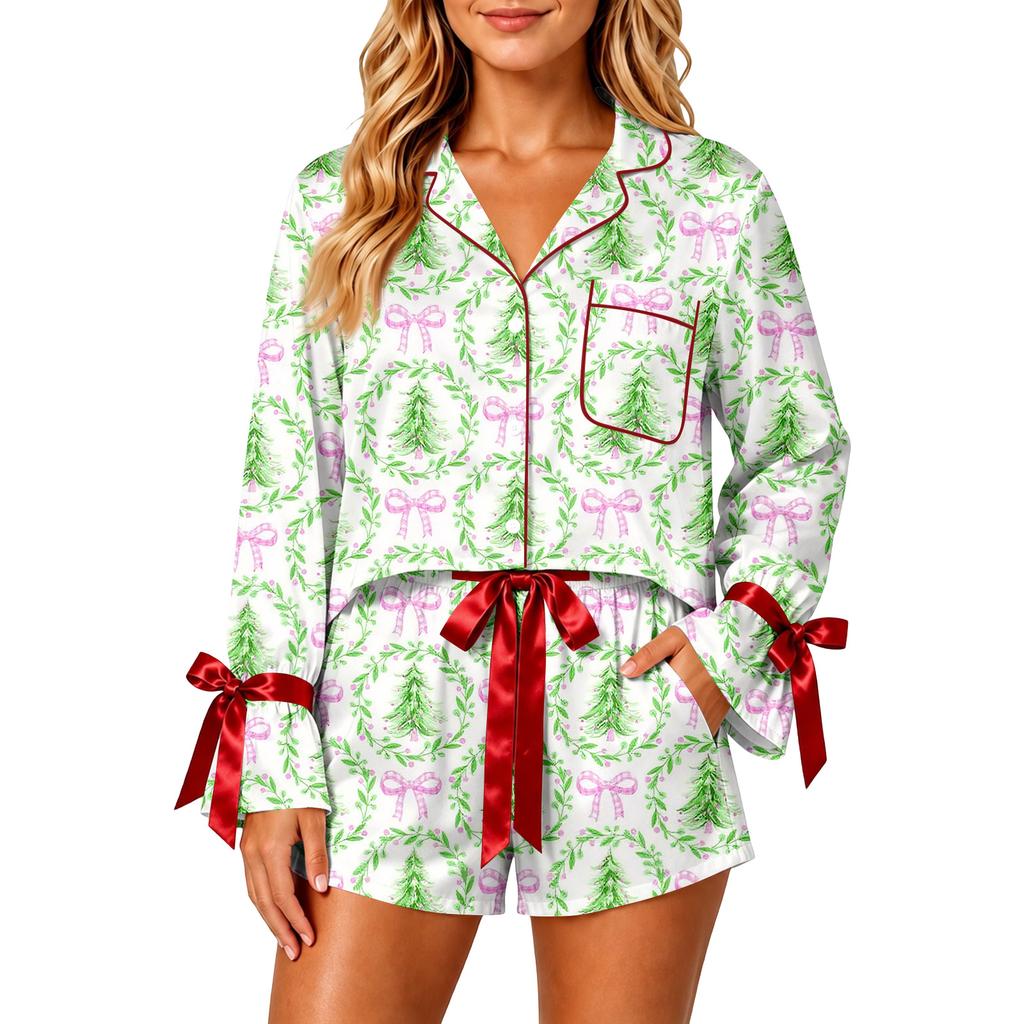 Women's Christmas Pajama Set with Button-Down Shirt and Shorts for Holiday Sleepwear