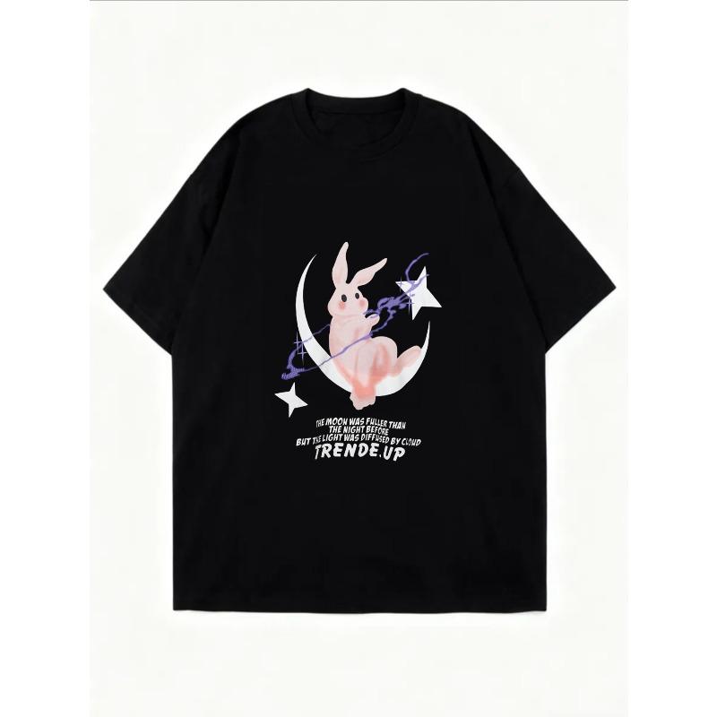 White Oversized T Shirt With Pink Rabbit And Moon Print For Casual Wear