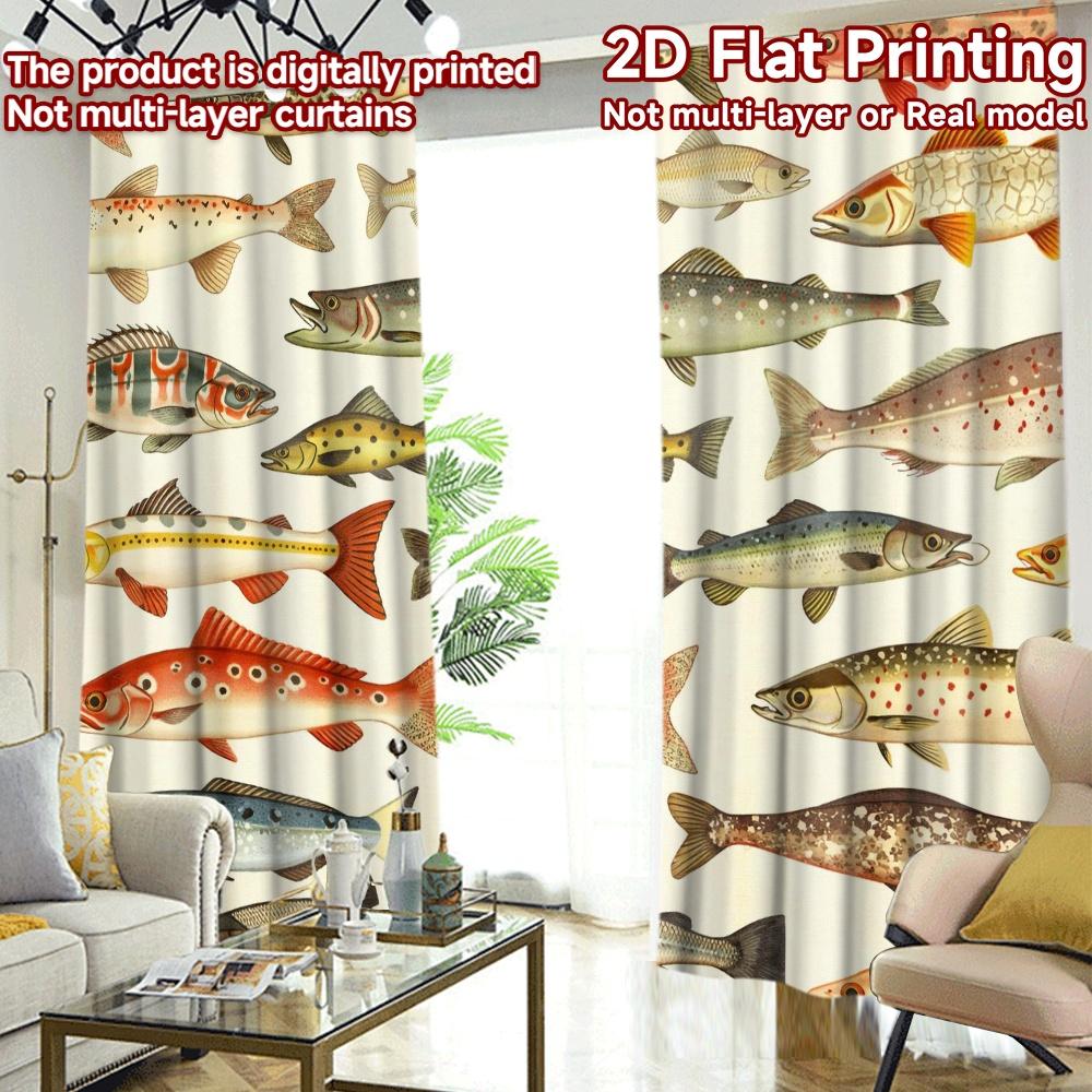 2D FLAT PRINTING 2pcs Curta (Without Rod) Colorful Fish Illustration Chic Minimalist Curta Versatile 100% Polyester