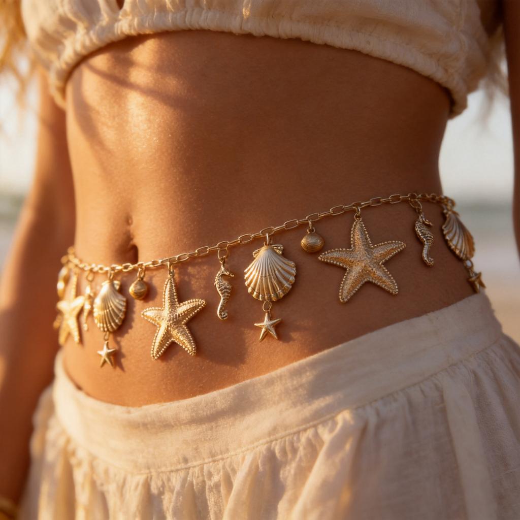 Chic Tropical Gold Tone Waist Chain For Women Starfish Seahorse Shell Adjustable Body Chain Summer Beachwear Accessories