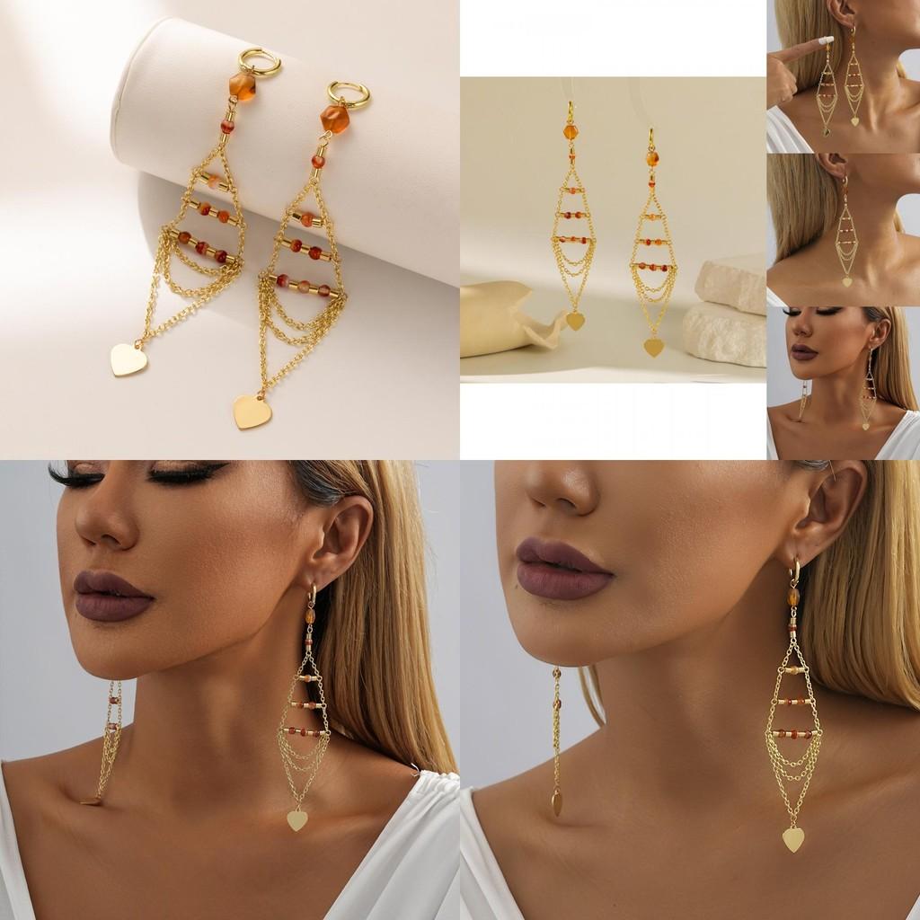 Modern 2023 Gold Plated Geometric Crystal Stone Heart Tassel Earrings For Women
