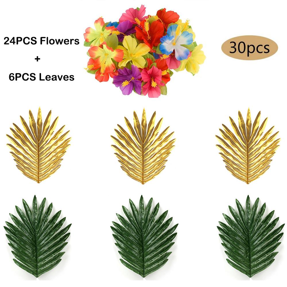 Tropical Monstera Palm Leaves Hibiscus Flower Hawaiian Luau Leaves Tropical Party Jungle Beach Table Decoration Wedding Birthday
