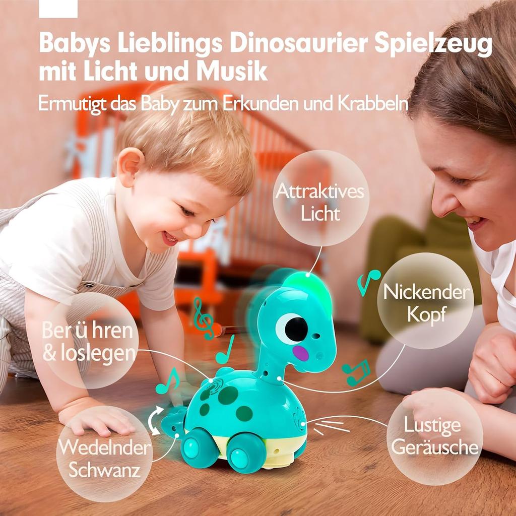 Giocattolo per Neonato Dino - Elettrico Omnidirezionale Suono e Luce Musica, Giocattolo Educativo per l'Apprendimento Precoce per Neonati, Unisex per Bambini e Bambine