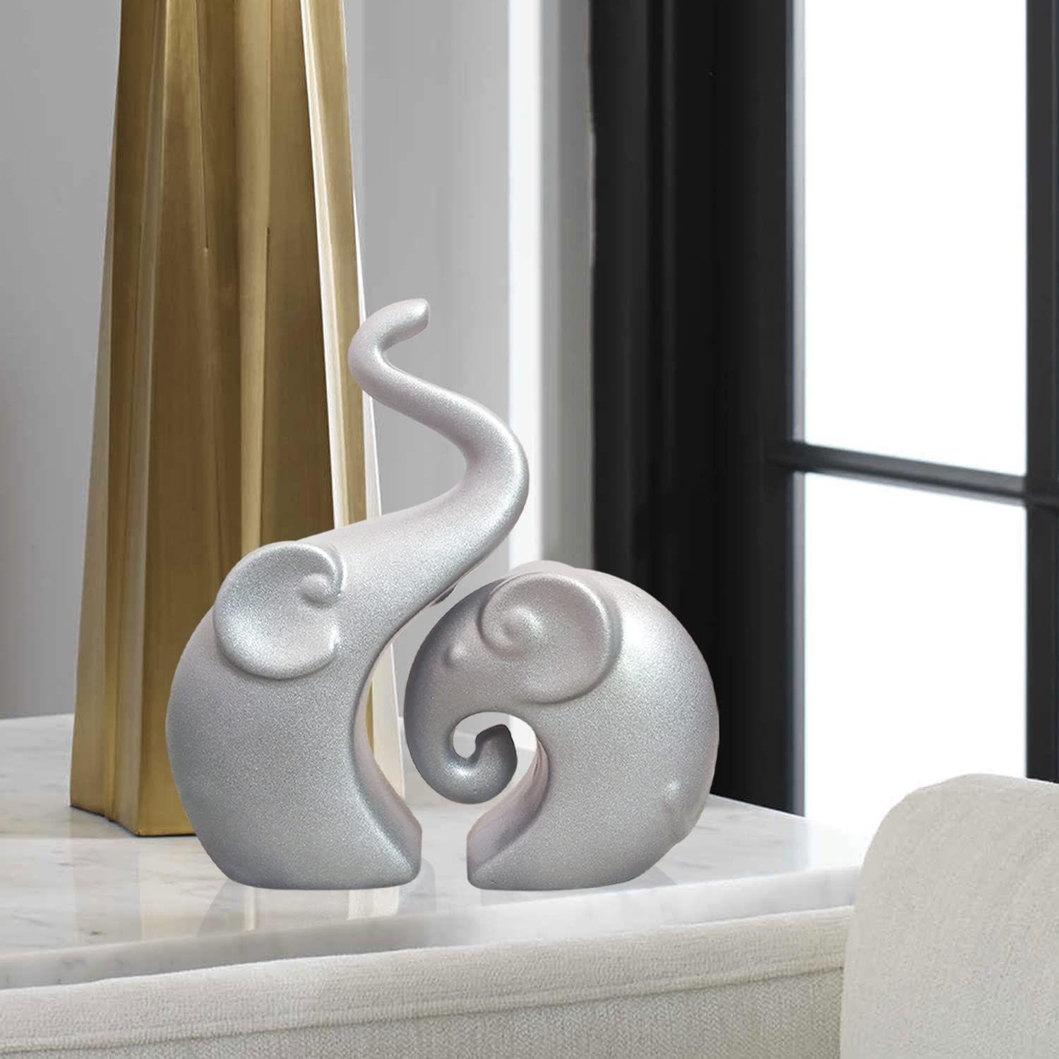 

Lavish Silver Home Decor Elephant Couple | Ceramic Figurines (Set of 2, Silver Matte)