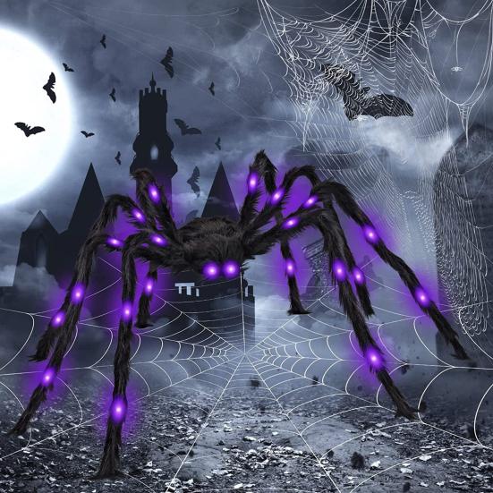 Halloweenský obří svítící pavouk Strašidelný realistický chlupatý LED pavouk s ohebnýma nohama pro vnitřní venkovní Halloweenskou zahradní domácí výzdobu