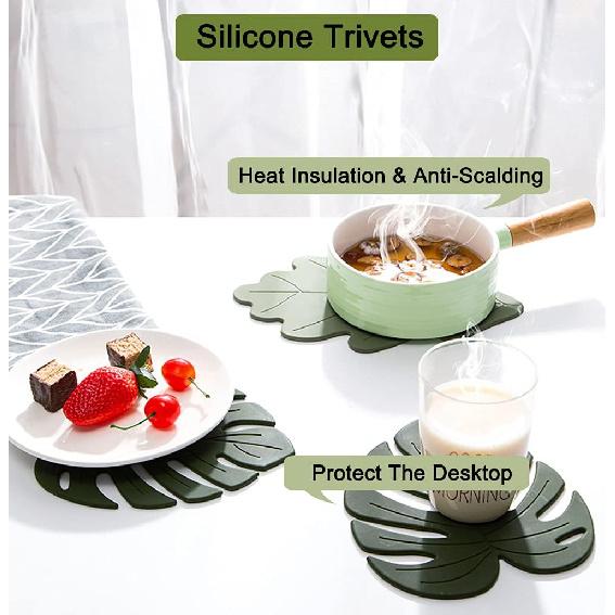 4-Pack Silicone Trivets - Multi-Purpose Kitchen Hot Pot Holders & Countertop Non-Slip Trivet Mats With Leaf Decor