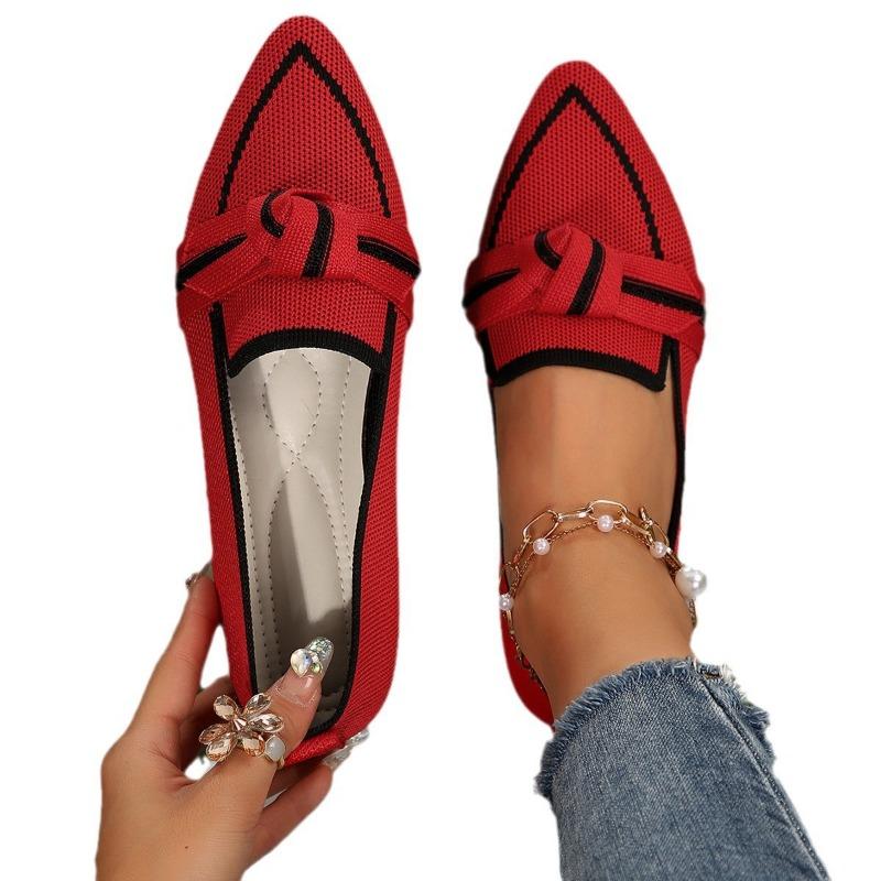 Women's Shoes Are Thin, Pointed, Flat-bottomed Single Shoes, Women's Flying Weaving, One Pedal, Bow, Casual and Breathable