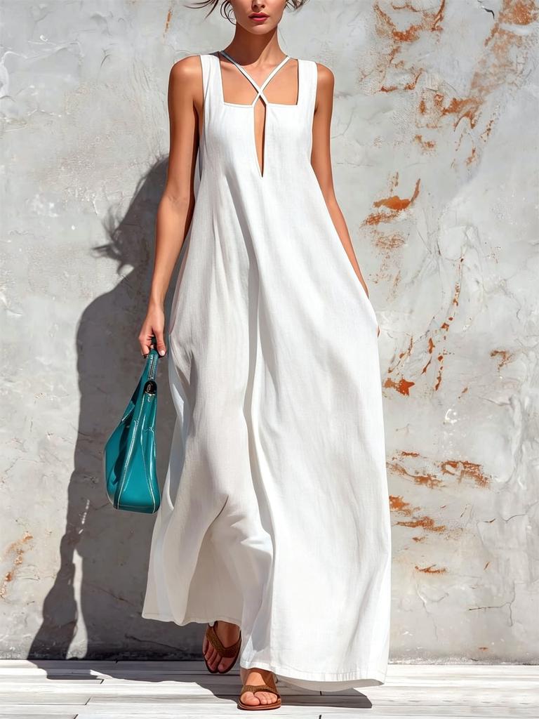 European and American cross-border Amazon Bohemian vacation style square collar cross neck long dress loose pendulum dress