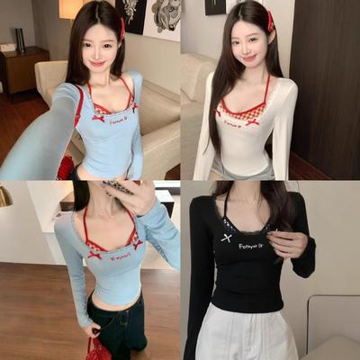 Rayon Long Sleeve T-shirt Autumn and Winter New Slimming Bottom Shirt Is Shoulder Short Spice Girl Inside The Top Fake Two Pieces