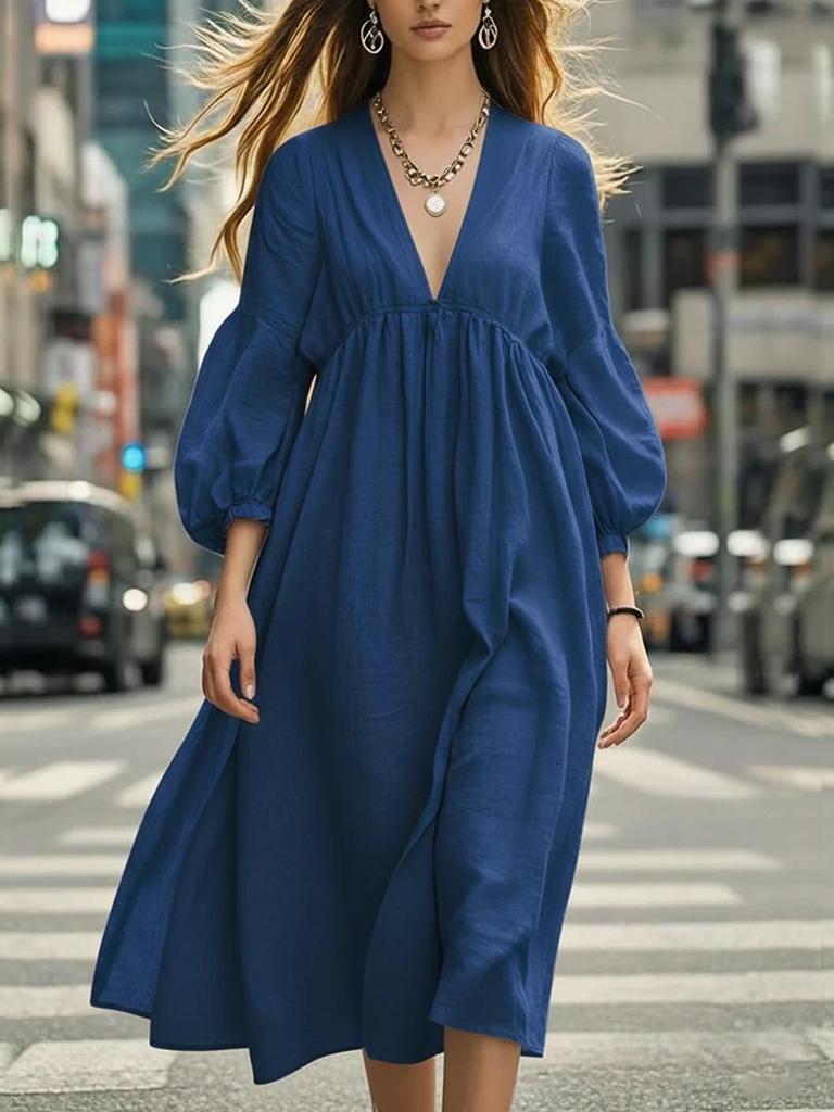 European & American Spring/Summer Women's Casual Lantern Sleeve Maxi Dress