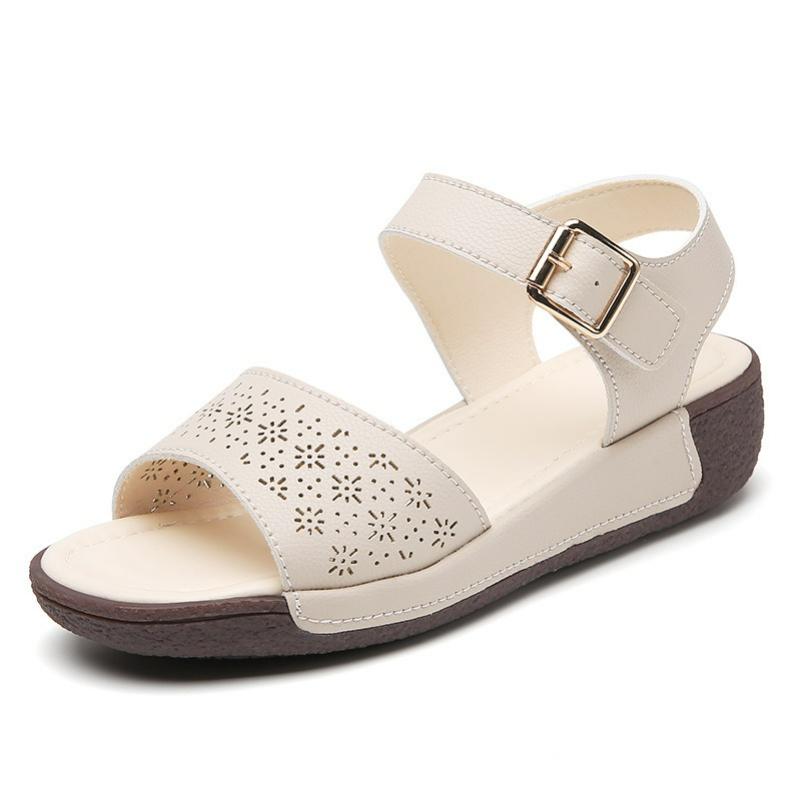 Thick-soled Sandals Women's Summer Casual Imitation Cowhide Wedge-heeled Mother Sandals One-word Velcro Roman Sandals