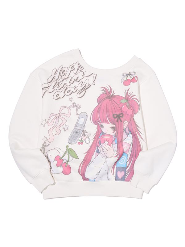 KIRSH X Pitu Graphic Off-Shoulder Crop Sweatshirt [White]