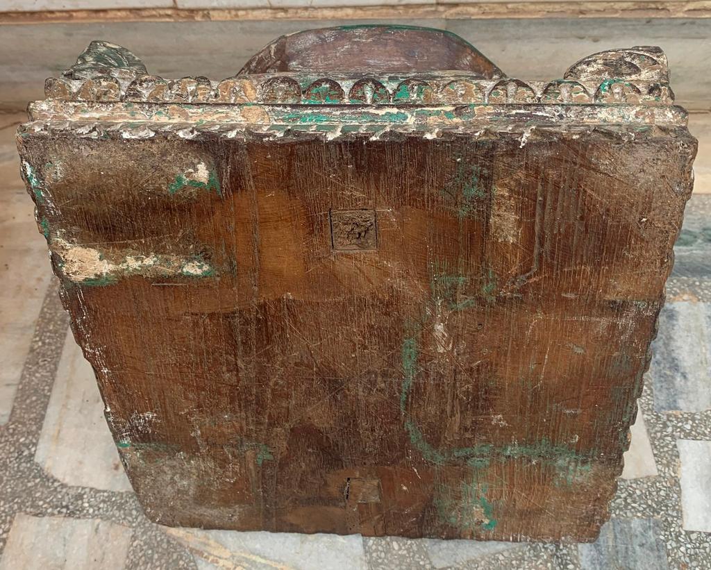 Indian Carved Wood Shelf Bracket: Antique Distressed Painted Panel
