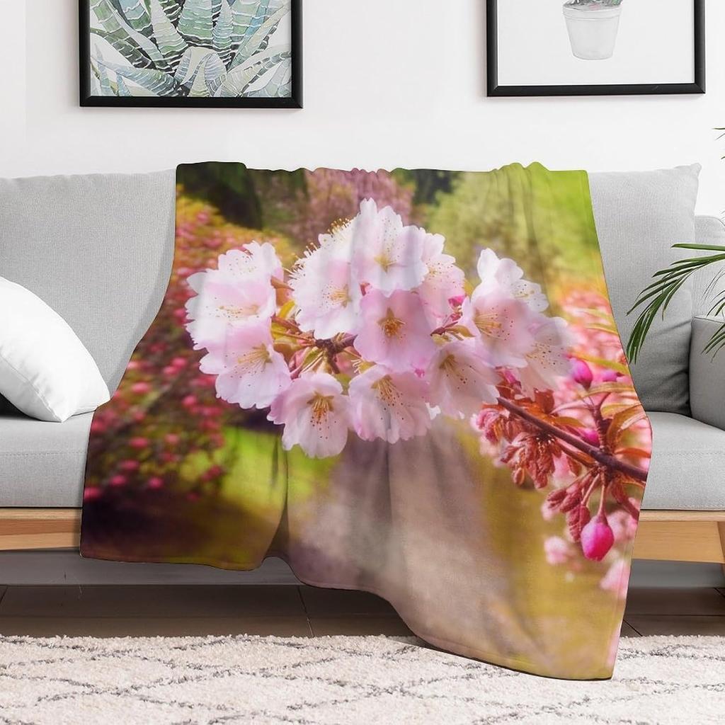 Pink Cherry Blossom Flower Flannel Throw Blanket Spring Floral Nature Print Soft Warm Blanket for Sofa Bedroom Home Decor Gift