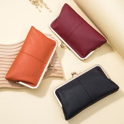 Ladies Clutch Wallet Vintage Kiss Lock Clutch Purse Genuine Leather Travel Purse