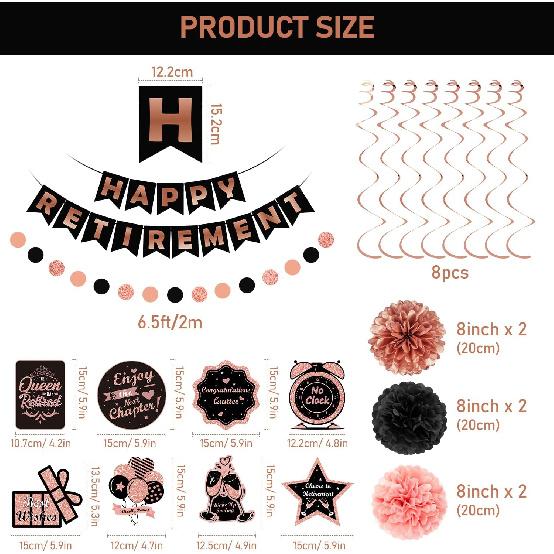 Retirement Party Decorations for Women, Black Rose Gold Happy Retirement Banner, Hanging Swirl ,Dot Garland, Paper Pompoms for Happy Retire Party