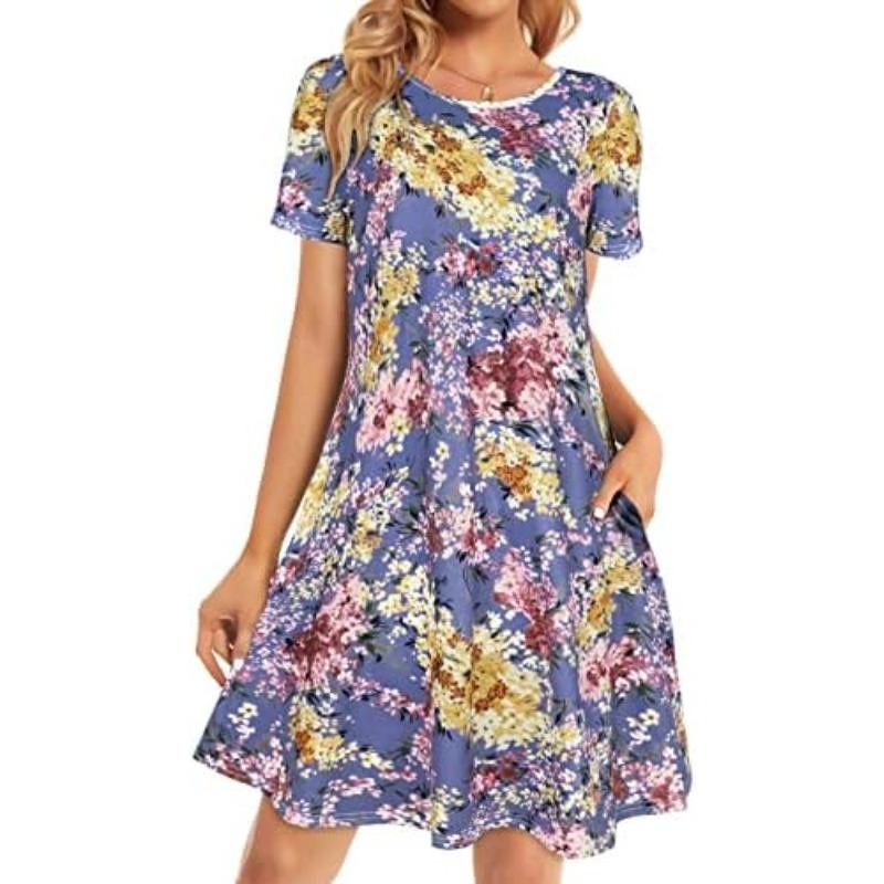 European And American New Round Neck Solid Color Casual Pocket Short Sleeve Big Pendulum Dress Women'S Clothing