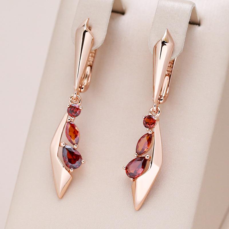 Fashion Rose Gold Color Long Dangle Earrings For Women Unique Red Natural Zircon Accessories Vintage Wedding Jewelry