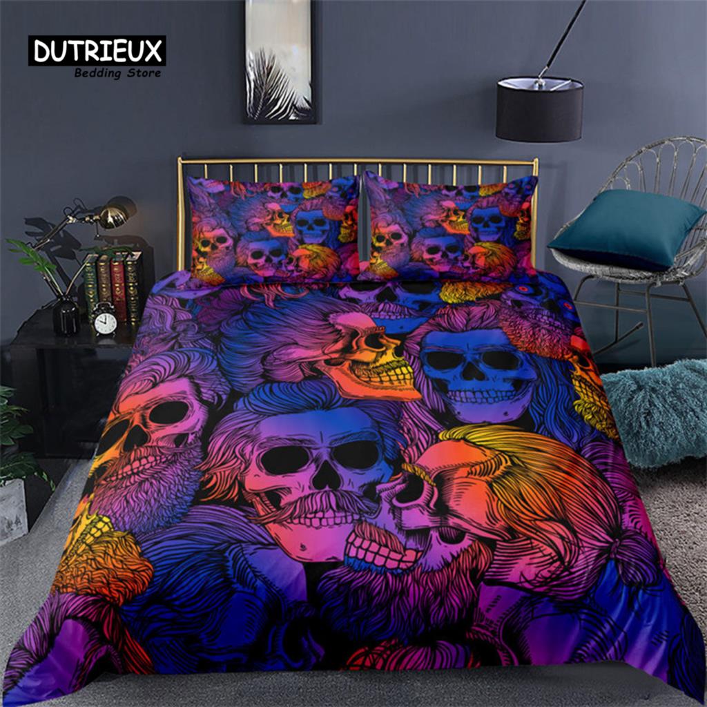 Colorful Sugar Skull Skeleton Quilt Cover Gothic Skull Bedding Set Queen Size Microfiber Horror Theme Feather Black Duvet Cover
