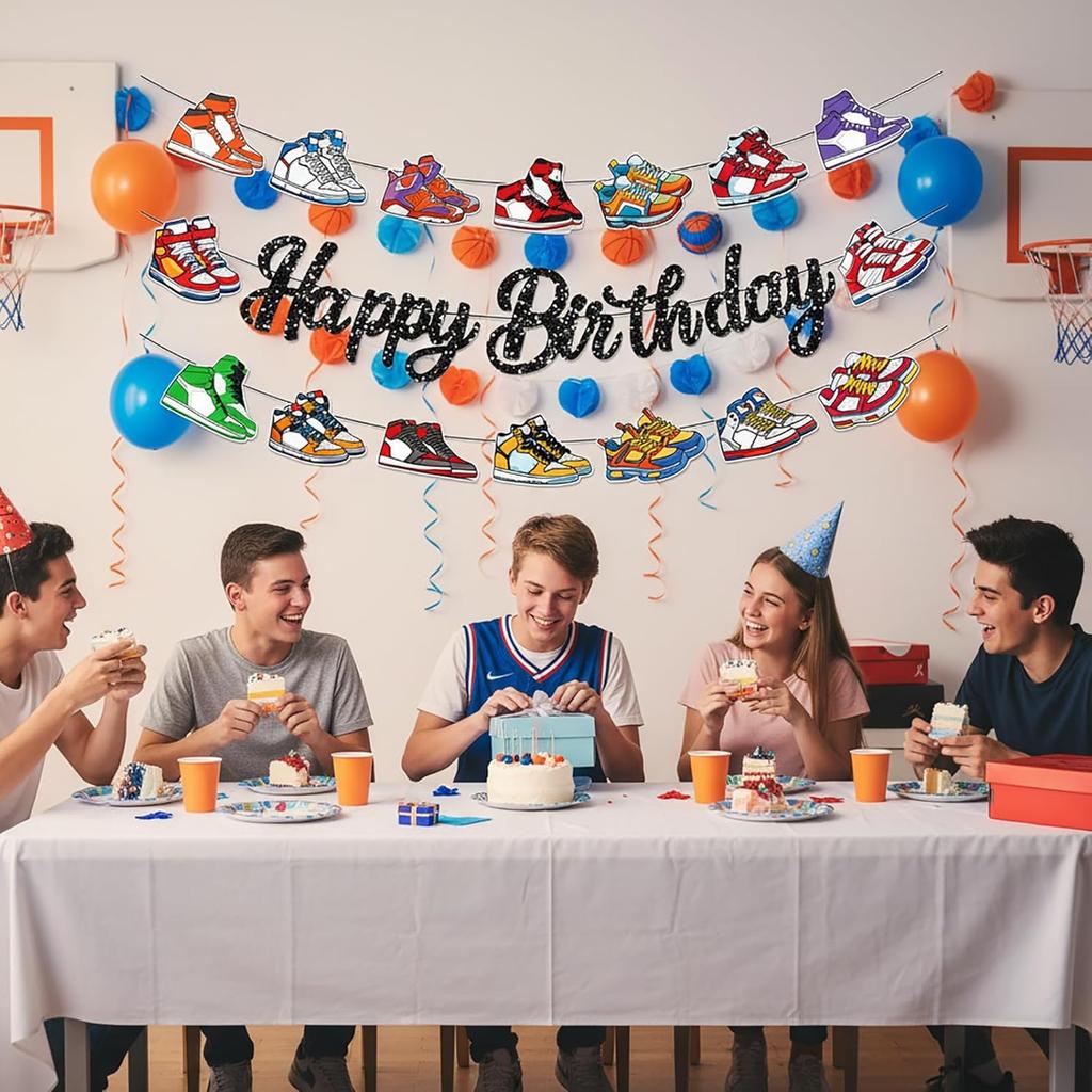 3Pcs Sneaker Decorations, Happy Birthday Banner, Sneaker Party Decorations,Sports Theme Backdrop for Sneakerhead Events