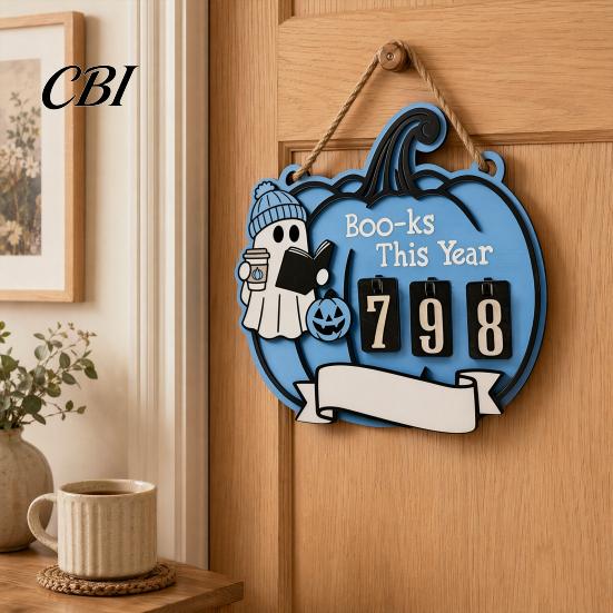 Fun Halloween Gift Ghost Pumpkin Reading Tracker Wooden Hanging Sign, Sliding Number Counter for Book Read This Year, Progress Spooky Decor with Jute