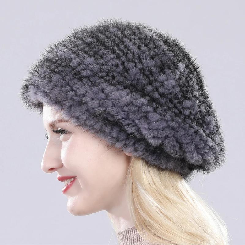 New Winter Lady Natural Mink Fur Beanies Hat Knit Warm Striped Genuine Mink Fur Caps Women Good Elastic Real Mink Fur Hat