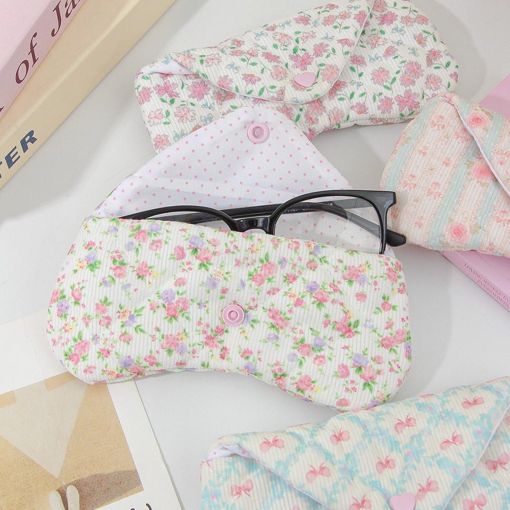 Cute Floral Corduroy Glasses Pouch with Snap Closure Eyeglass Sleeve Cover for Women Portable Quilted Sunglasses Case