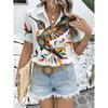 Women's Casual Short Sleeve Button-Up Shirt Colorful Hummingbird Multi-Colored Leaves Pattern Machine Washable Fashionable Top