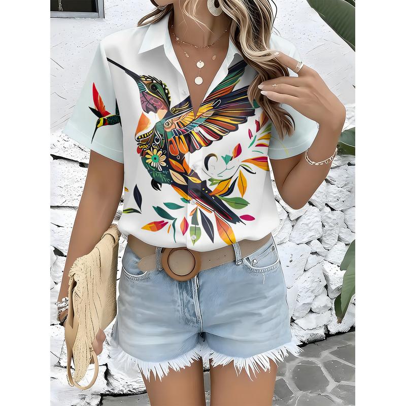 Women's Casual Short Sleeve Button-Up Shirt Colorful Hummingbird Multi-Colored Leaves Pattern Machine Washable Fashionable Top