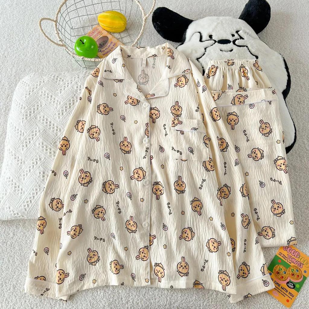 Cloud Cotton Cartoon Pajama Set: Long Sleeve Cardigan and Pants for Women