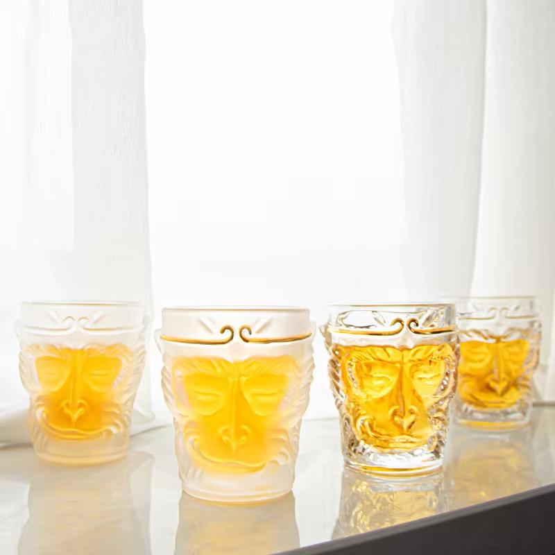 Sun Wukong Shaped Lead-Free Crystal Glass Whiskey Cup Chinese Style Transparent Frosted Drinkware Glass Mug Teacup Gift