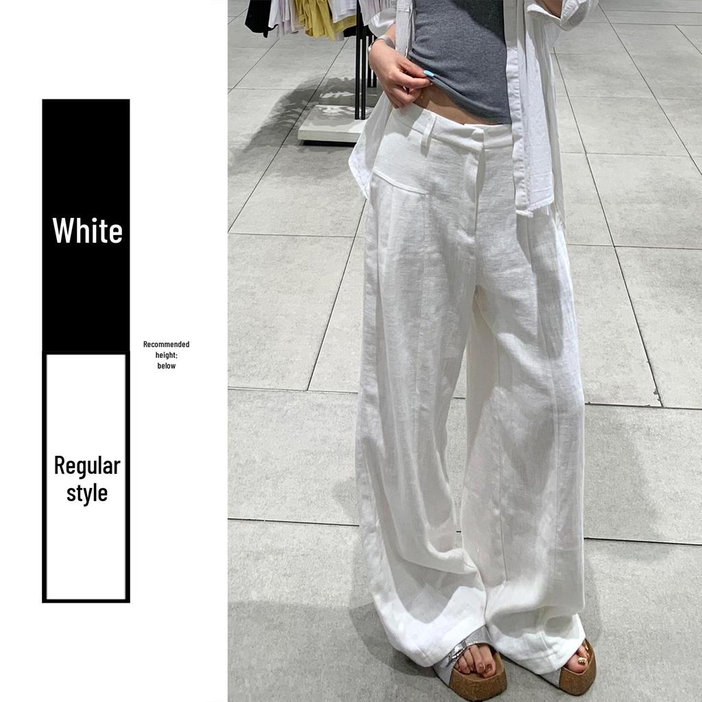 Women's High-Waisted White Linen Wide-Leg Pants - Spring 2026 Old Money Style, Comfortable Straight Cotton Linen Suit Casual Wear