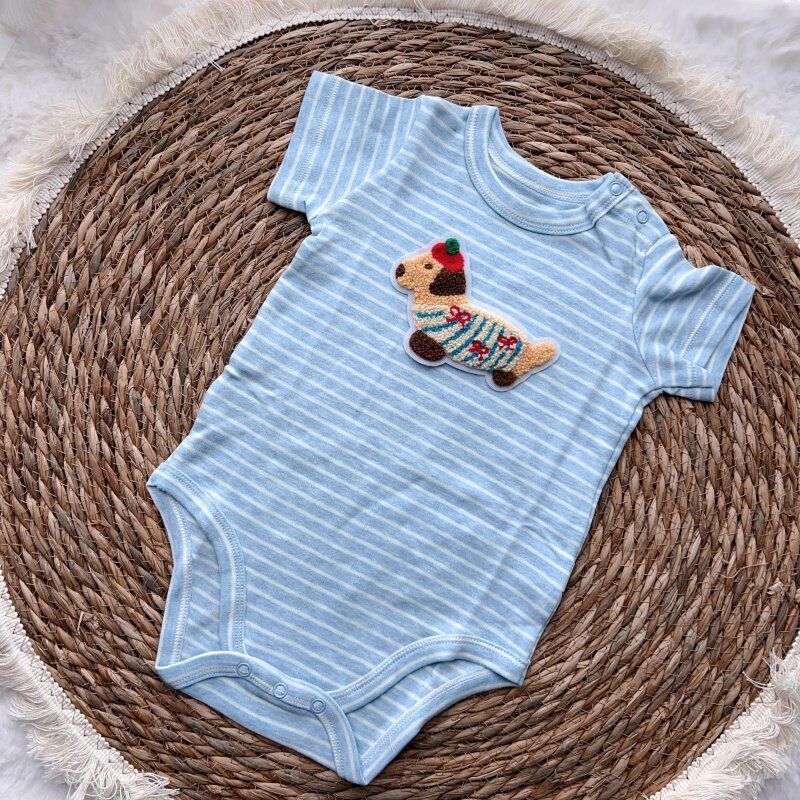 Summer Baby Fashion Triangle Romper with Dachshund Embroidery, Short-Sleeve Cotton Onesie, Korean Style Blue Stripe 80 (Recommended 6.5~8kg)