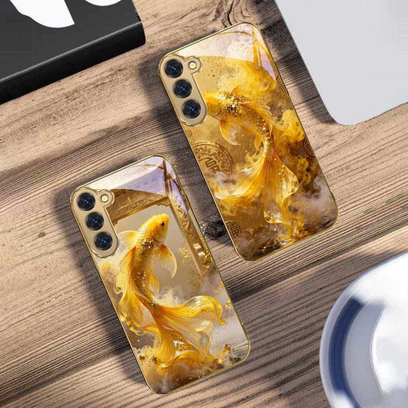 Harmonious Golden Carp For Samsung Galaxy S20 FE S21 S22 S23 Plus S24 Ultra 25Ultra S21+ S9+ S22Plus Golden Glass Phone Case