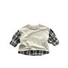 Kids' Plaid Color-Block T-Shirt~2025 Spring/Autumn Korean Mori Style Trendy for Boys & Girls