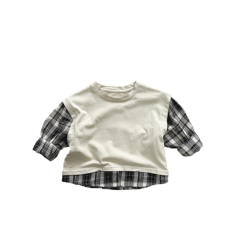 Kids' Plaid Color-Block T-Shirt~2025 Spring/Autumn Korean Mori Style Trendy for Boys & Girls